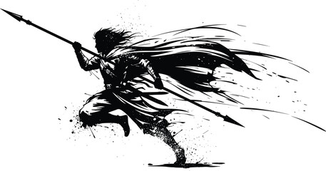 Running warrior holding long spear black silhouette vector illustration, fantasy hero in cape, dynamic aggressive action pose, medieval soldier, battle graphic, ink splash style.