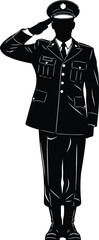 Saluting military officer silhouette in formal uniform standing at attention, honoring service, discipline, respect and patriotism in detailed ceremonial vector illustration