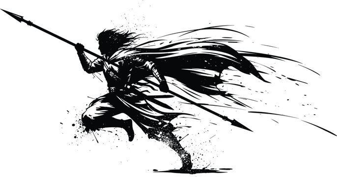 Running warrior holding long spear black silhouette vector illustration, fantasy hero in cape, dynamic aggressive action pose, medieval soldier, battle graphic, ink splash style.