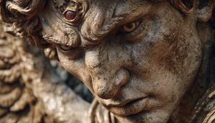 Ancient Stone Guardian: An intimate portrayal of a weathered stone sculpture, evoking a sense of ancient history and formidable presence. Revealing intricate detail and commanding essence.