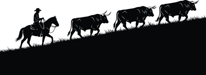 Rural silhouette vector, person riding horse, leading oxen uphill, traditional farming, livestock movement, countryside scene, black and white illustration