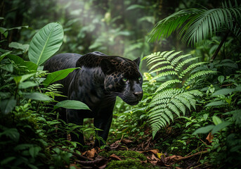 Obraz premium black tiger in the forest with green leaves
