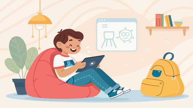 Cheerful child using tablet with AI chatbot software