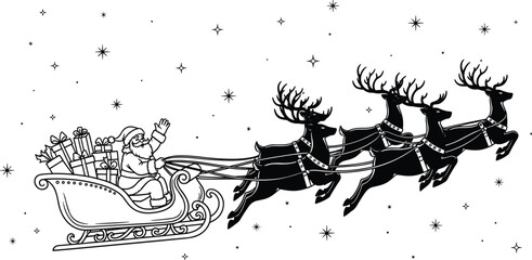 Santa Claus flying in sleigh pulled by reindeer through starry night sky, festive Christmas holiday illustration celebrating winter magic, gifts, tradition and seasonal joy