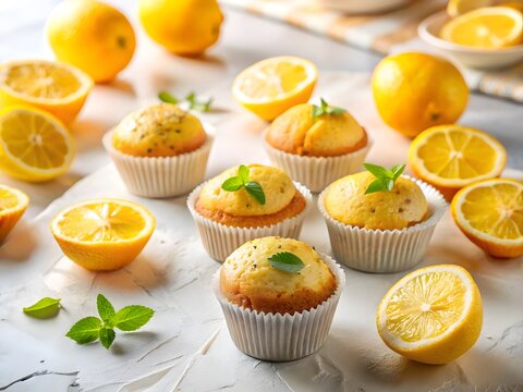 Lemon Poppy Muffins in Bright Morning Studio: Radiant morning shoot with lemon poppy muffins arranged in clean graphic triangles, fresh citrus slices and white backdrop with strong sunlight.
