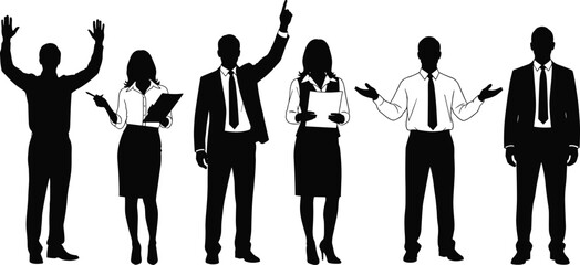 Set of Business People Silhouettes Vector Illustration Showing Men and Women in Formal Wear with Gestures, Presenting, and Holding Documents for Corporate Design
