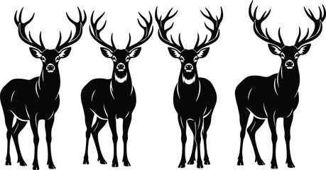 Set of Four Majestic Deer or Stag Black Vector Silhouettes Standing Front View, Featuring Large Antlers and Detailed Wildlife Anatomy, Ideal for Hunting, Nature, and Holiday Designs, Editable.