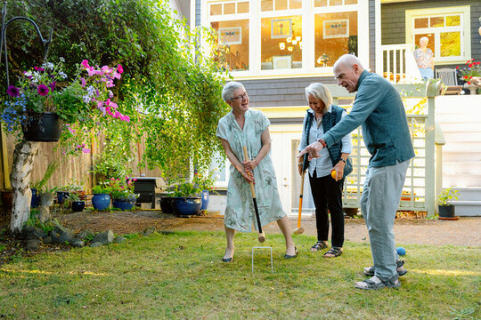 Neighbors and friends playing croquet in sunny backyard garden