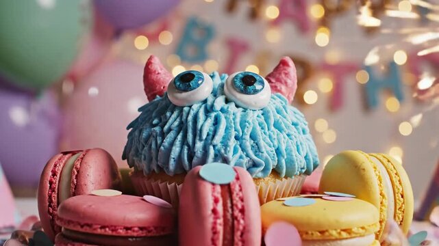Whimsical monster cupcake and macarons celebration setup