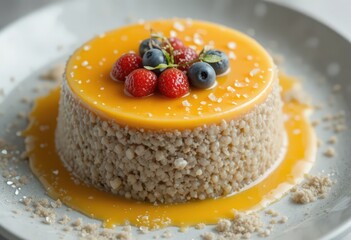 Luxury Mango Flan Dessert Topped with Fresh Raspberries and Blueberries on White Plate with copy space
