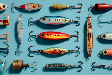 Various fishing lures on a blue background