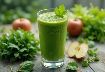 Vibrant Green Detox Smoothie with Fresh Apples and Leafy Greens on a Rustic Wooden Table