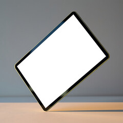 A sleek, modern tablet computer with a blank white screen is displayed at an angle, ideal for mockups and presentations. A clean, minimalist technology concept