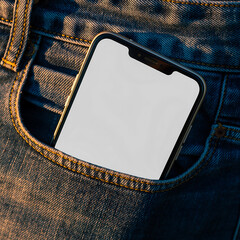 A modern smartphone with a blank white screen for mockup purposes, neatly placed in the front pocket of dark blue denim jeans