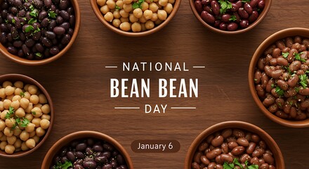 Assortment of cooked beans in wooden bowls garnished with parsley for National Bean Day legumes variety