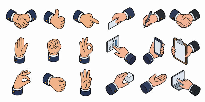 Set of isometric business hand gestures including handshake thumbs up and holding objects vector illustration