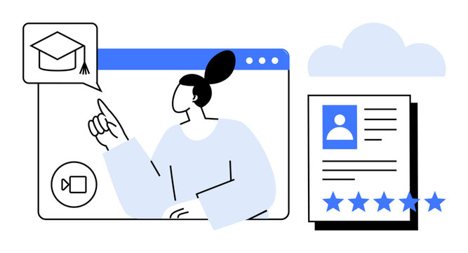 Person attending online class with academic cap symbol on screen, profile document with star ratings, and cloud storage. Ideal for e-learning, remote education, personal branding, online courses