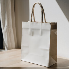 White paper shopping bag with twisted rope handles on a wooden table with natural light, ideal for retail branding mockups and packaging designs