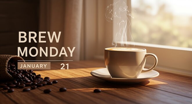 Brew Monday January 21st with Steaming Coffee Cup and Coffee Beans by Window image photo - Powered by Adobe