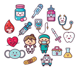 Cartoon doctor with medical equipment kawaii doodle illustration