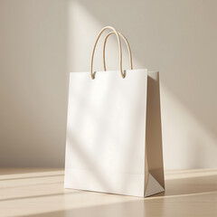 Blank white paper shopping bag mockup with handles stands on a wooden floor in natural sunlight with shadows. Minimalist product packaging template for branding