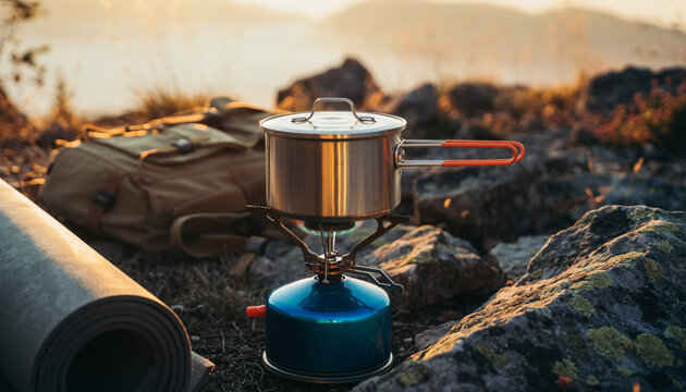 Outdoor camping cooking setup with portable stove at sunset