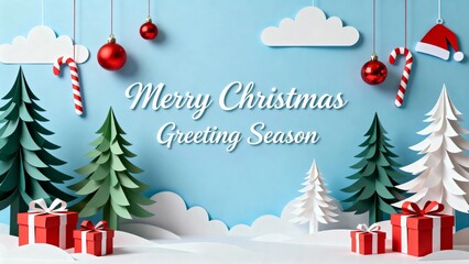 Festive Christmas scene with paper-cut style trees, gifts, ornaments, and candy canes against a blue sky background.