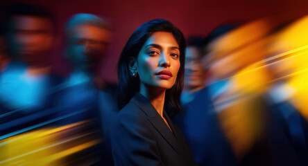 Confident Indian American businesswoman in sharp focus while colleagues blur by in vibrant neon red blue yellow tones