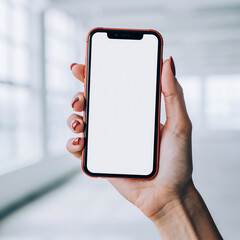 Female hand holding a mobile device with a blank screen, a versatile mockup template for technology and business concepts