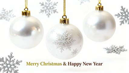 Three white Christmas ornaments with snowflake designs hanging against a white background with snowflakes and holiday greeting text.