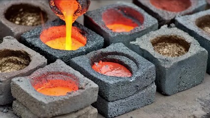 Medium shot showing the detailed process of pouring molten metal into green sand molds illustrating ecoconscious casting methods in a smallscale metal workshop.