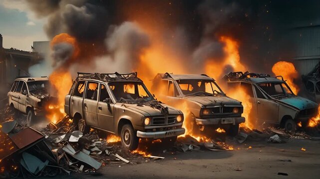 A row of abandoned vehicles in a scrapyard erupts in a staggered series of explosions