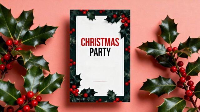 Christmas party invitation card with holly leaves and red berries on a coral background