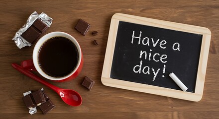 Coffee cup, chocolate, spoon, and a chalkboard with " Have a nice day!" message red mug