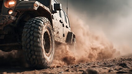 Fototapeta premium Powerful off-road vehicle tearing through desert landscape creating a dynamic, dusty spectacle, perfect for adventure and automotive marketing campaigns