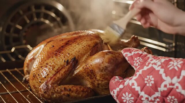 Golden brown roasted bird cooking inside hot oven with basting brush