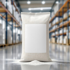Blank white packaging mockup of a flour or powder sack in a brightly lit industrial warehouse storage facility with spilled product on the floor