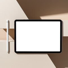 Minimalist flat lay of a digital tablet with a blank screen and stylus pen, presented on a neutral beige background with geometric shadows for a modern mockup design
