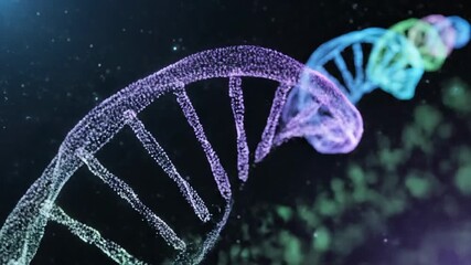 Digital DNA Strand Rotating in Space with Glowing Particles and Abstract Genetic Code. - Powered by Adobe