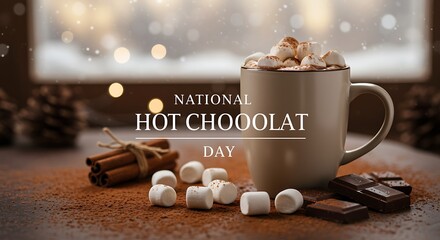 Cozy National Hot Chocolate Day celebration with marshmallows cinnamon sticks and chocolate cocoa