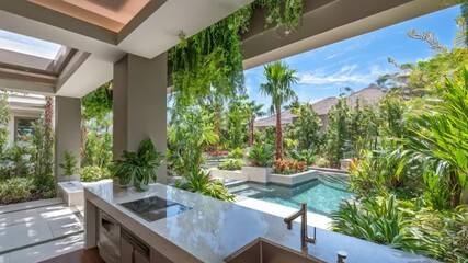 Medium shot of an outdoor kitchen featuring a sleek builtin sink area with clean countertops ideal for quick meal prep and easy cleanup.