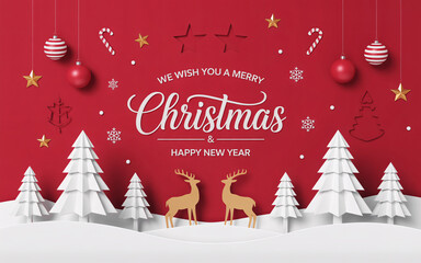 Festive christmas and new year scene with ornaments and reindeer on a red background