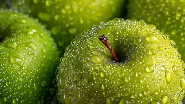 Crisp green apples glistening with fresh water droplets, a healthy organic snack option for a vibrant and refreshing lifestyle promotion