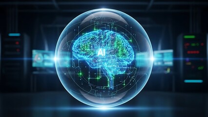 Futuristic artificial intelligence brain inside a glowing sphere
