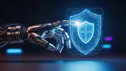 Robot hand touching glowing digital shield for cyber security