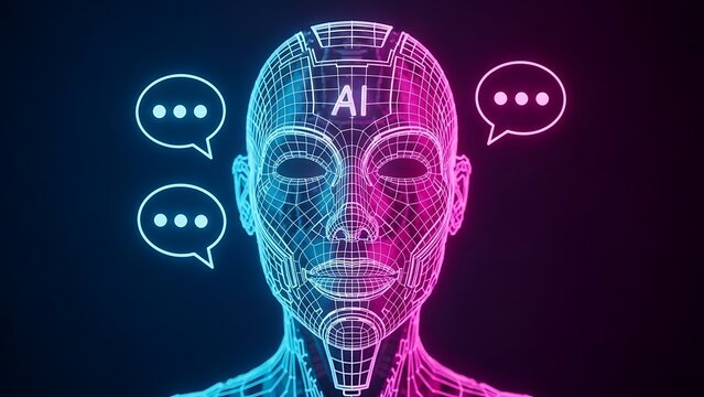 Artificial intelligence chatbot concept with glowing wireframe head