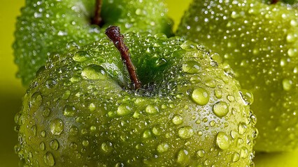 Crisp green apples glistening with fresh dew drops create a vibrant and healthy impression perfect for food blogs or wellness campaigns