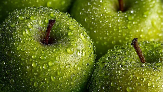 Crisp green apples with dew drops glistening in the light, a vibrant and healthy choice for your next project about wellness or fresh produce