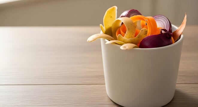 Fresh potato, carrot, and onion vegetable peels gathered in a white compost pail for a zero waste kitchen concept and sustainable living