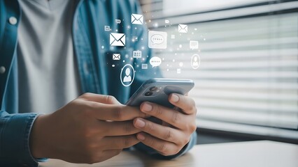 Man using smartphone with digital icons overlayed for communication and social media engagement in a modern setting